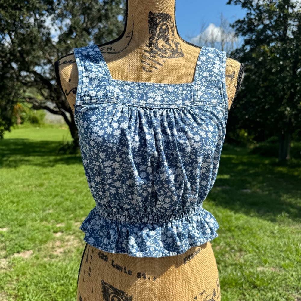 NWOT American Eagle Floral Chambray Ruffle Crop Top Size XS